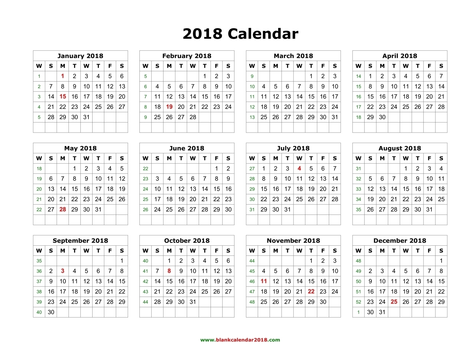 Blank Calendar 2018 1 Year Calendar Template Word
