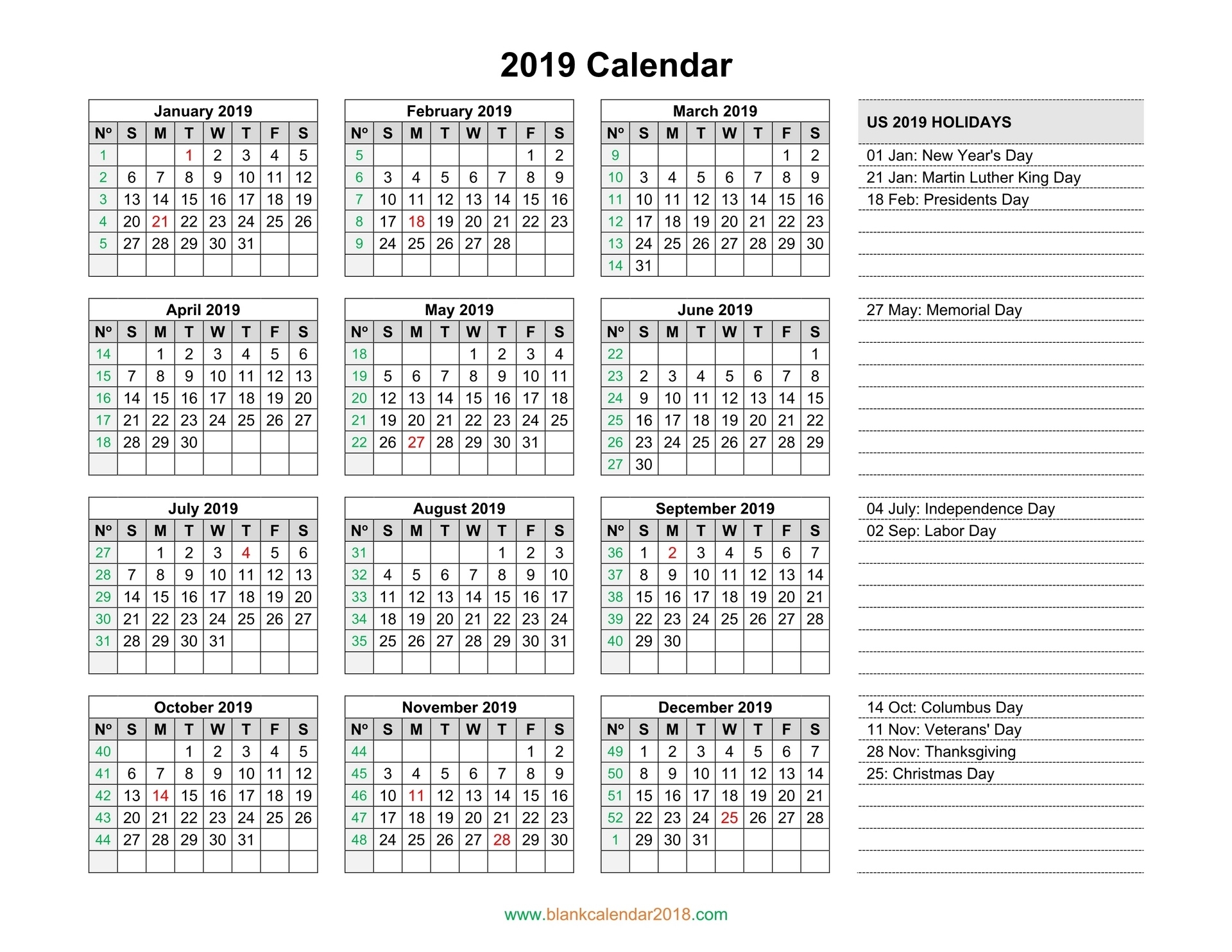 Blank Calendar 2019 Note 8 Calendar Holidays