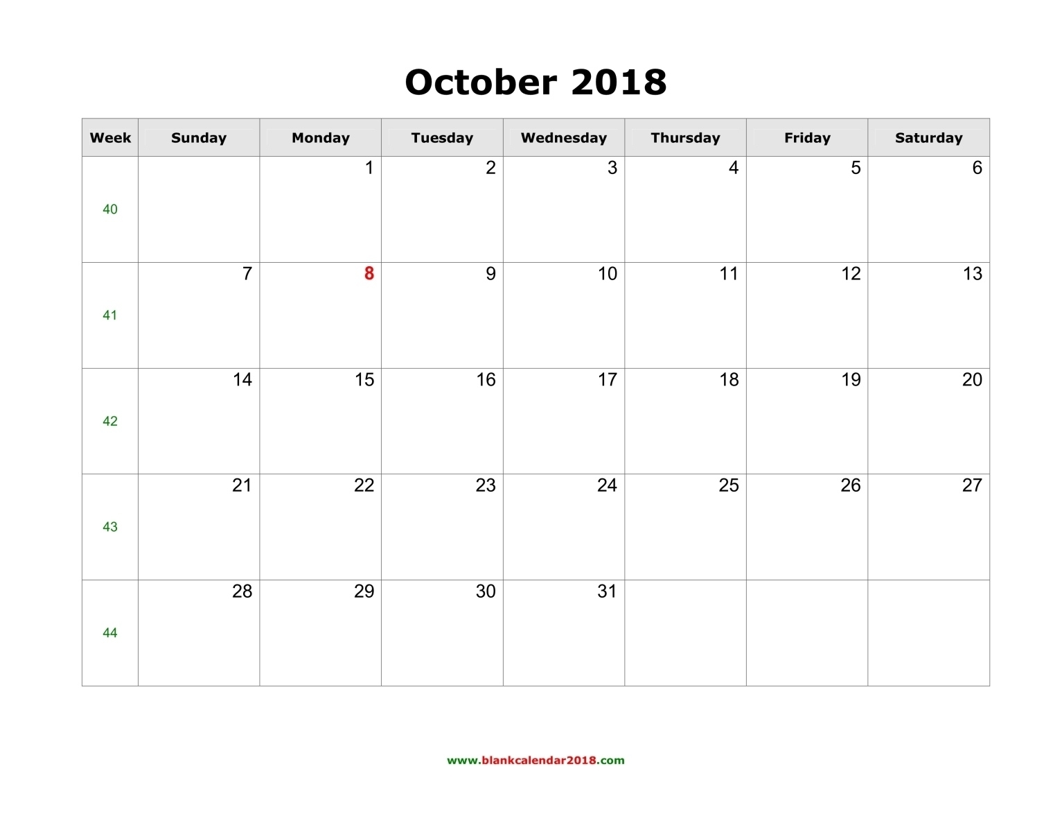Blank Calendar For October 2018 Blank Calendar List Format