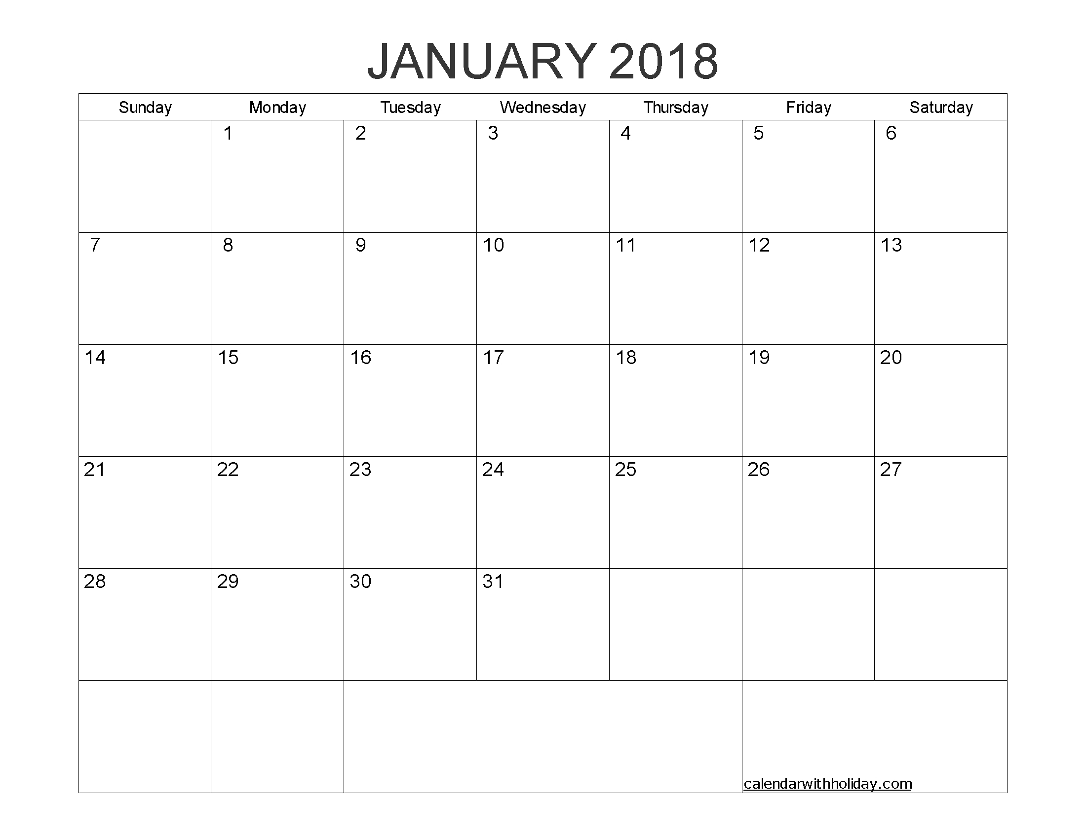 Blank Calendar January 2018 Printable 1 Month Calendar Template 1 Month Calendar Printable