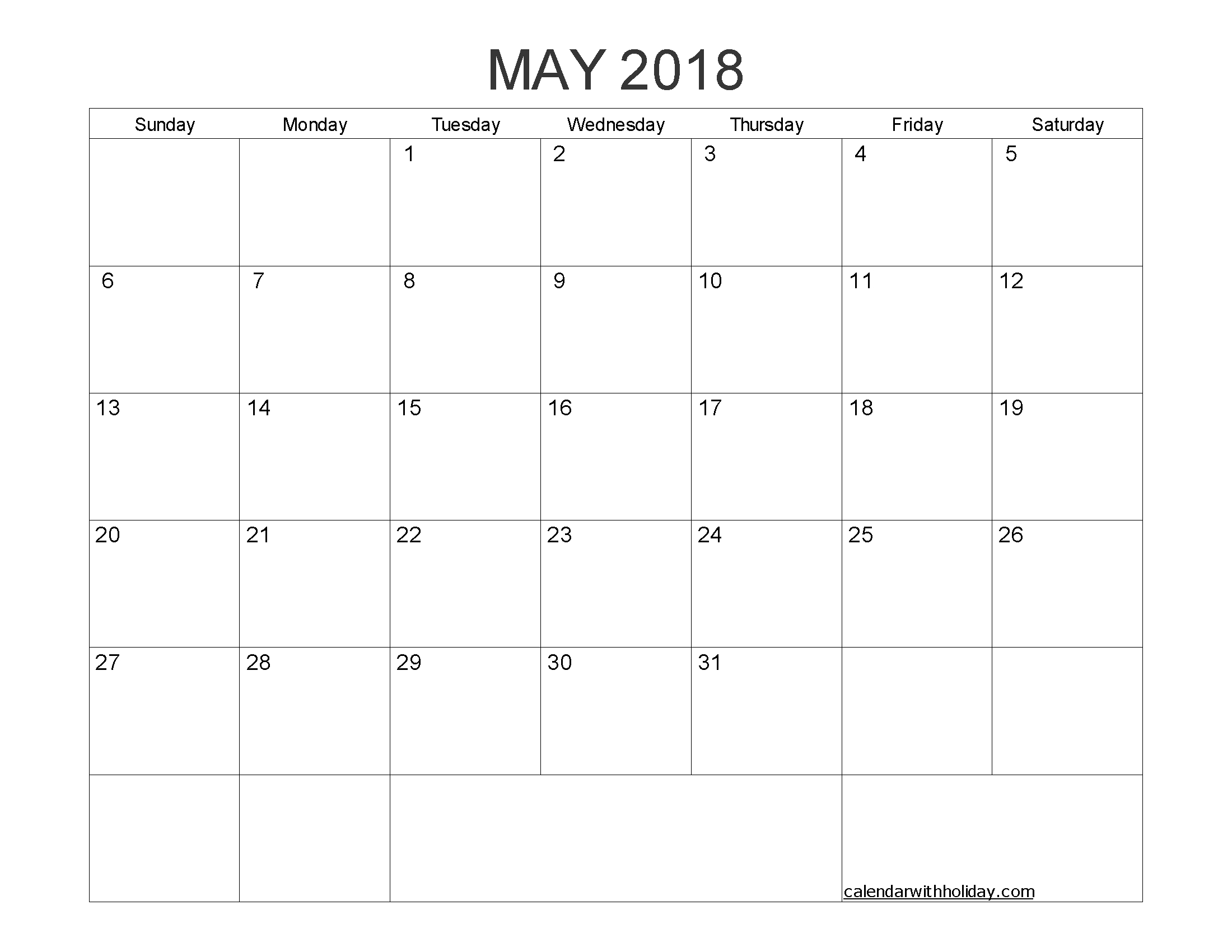 Blank Calendar May 2018 Printable 1 Month Calendar Template | Free 1 Month Calendar Printable