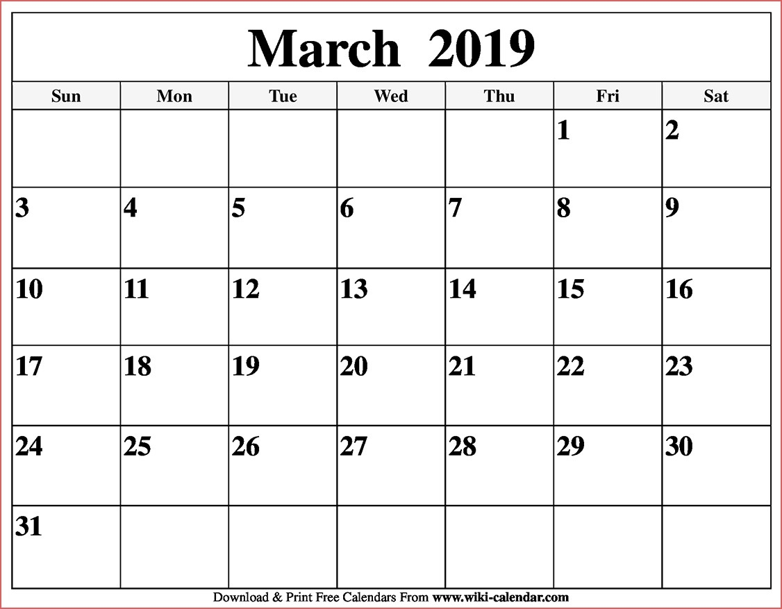 Blank March 2019 Calendar Printable Free Printable Calendar 2019 By Free Printable Calendar By Month