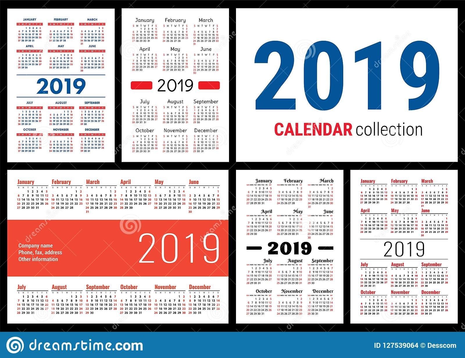 Calendar 2019. English Vector Template. Big Collection Of Pocket Types Of Calendar Printing