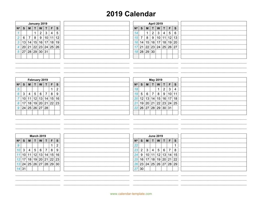 Calendar 2019 Template Six Months Per Page Print Calendar 2 Months Per Page