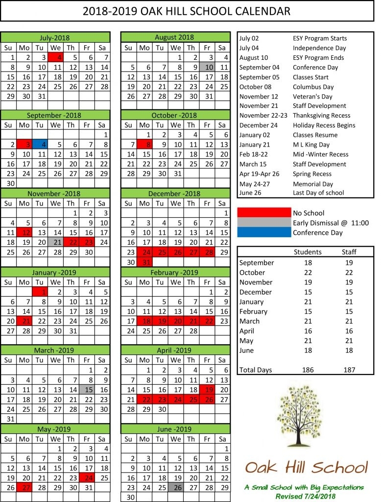 Calendar At Oak Hill School - Day School For Kids With Emotional York 1 School Calendar
