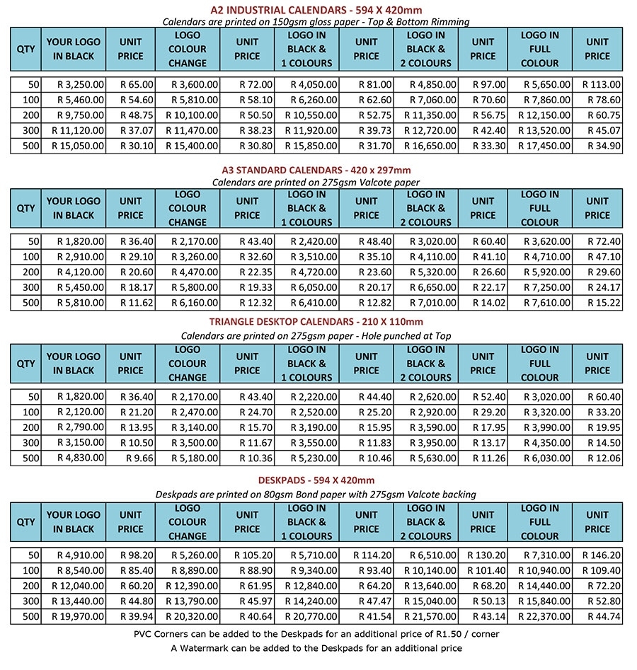 Calendar Pricelistcalendar Printers Calendar Printing Price List