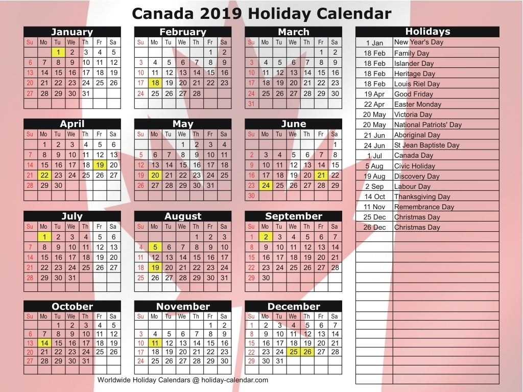Canada 2019 / 2020 Holiday Calendar Note 8 Calendar Holidays