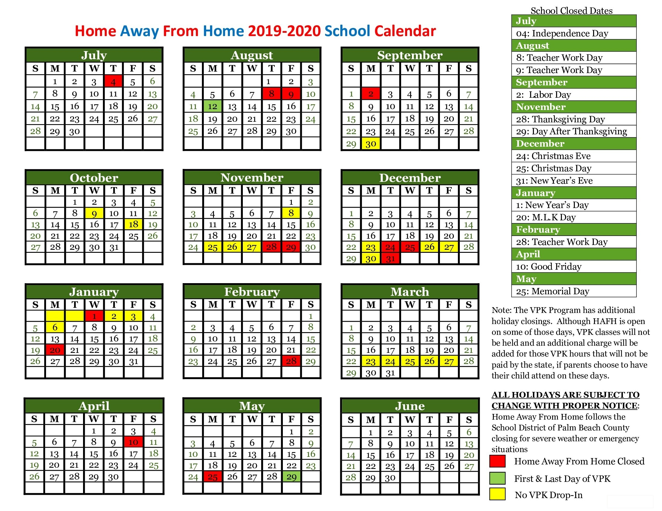 Child Care Holiday Schedule - View School Closings | Home Away From Home Dashing Calendar School West Palm Beach