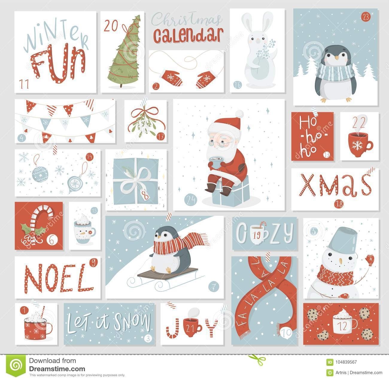 Christmas Advent Calendar, Cute Hand Drawn Style. Stock Vector Advent Calendar Countdown Or Count Up