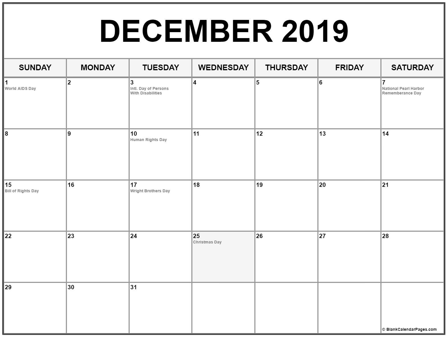 Collection Of December 2019 Calendars With Holidays Calendar Holidays In December