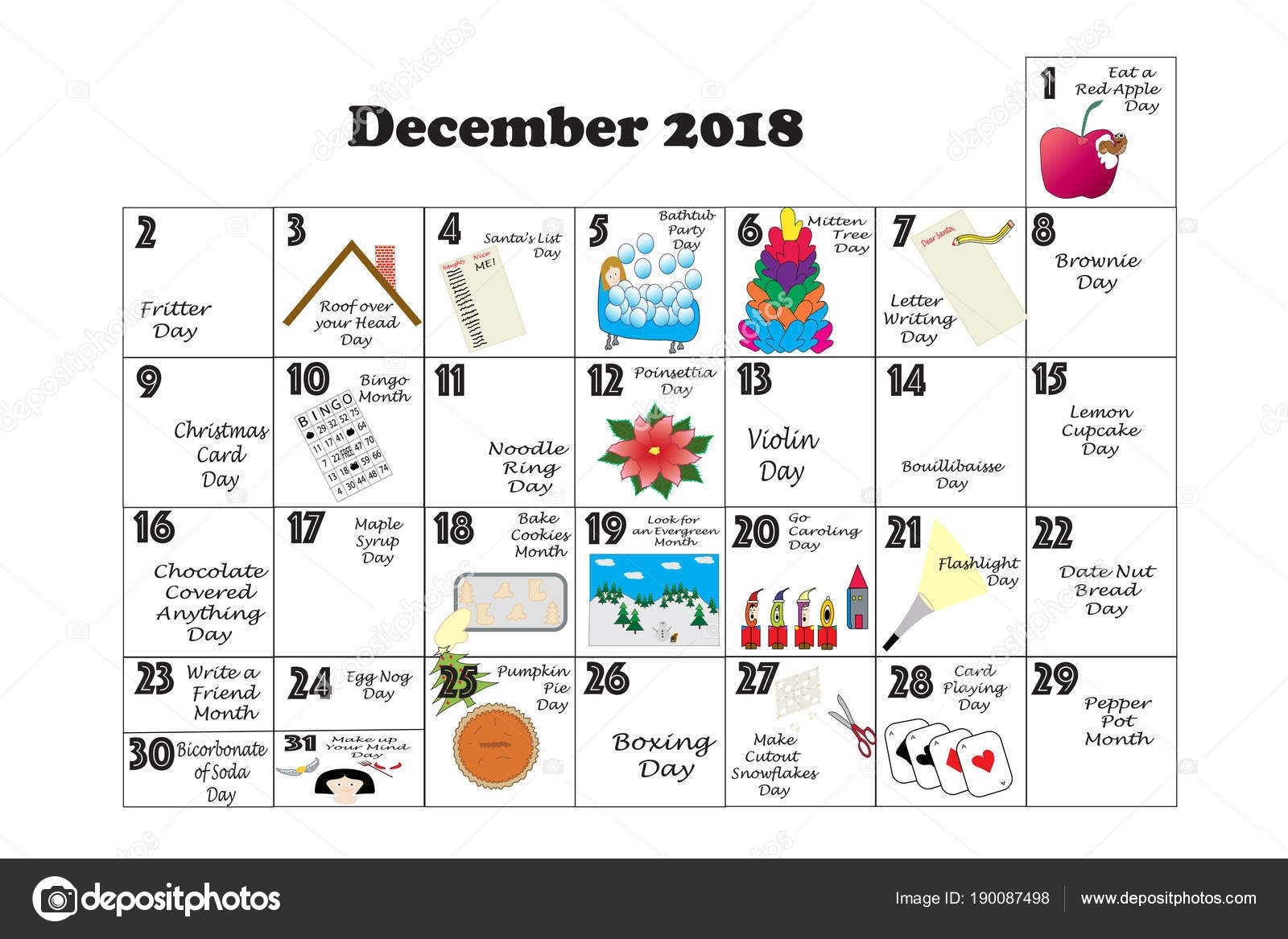 December 2018 Monthly Calendar Illustrated Annotated Daily Quirky Calendar Holidays In December
