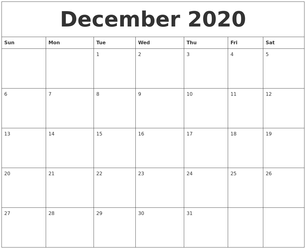 December 2020 Calendar Dashing 2020 Calendar For December