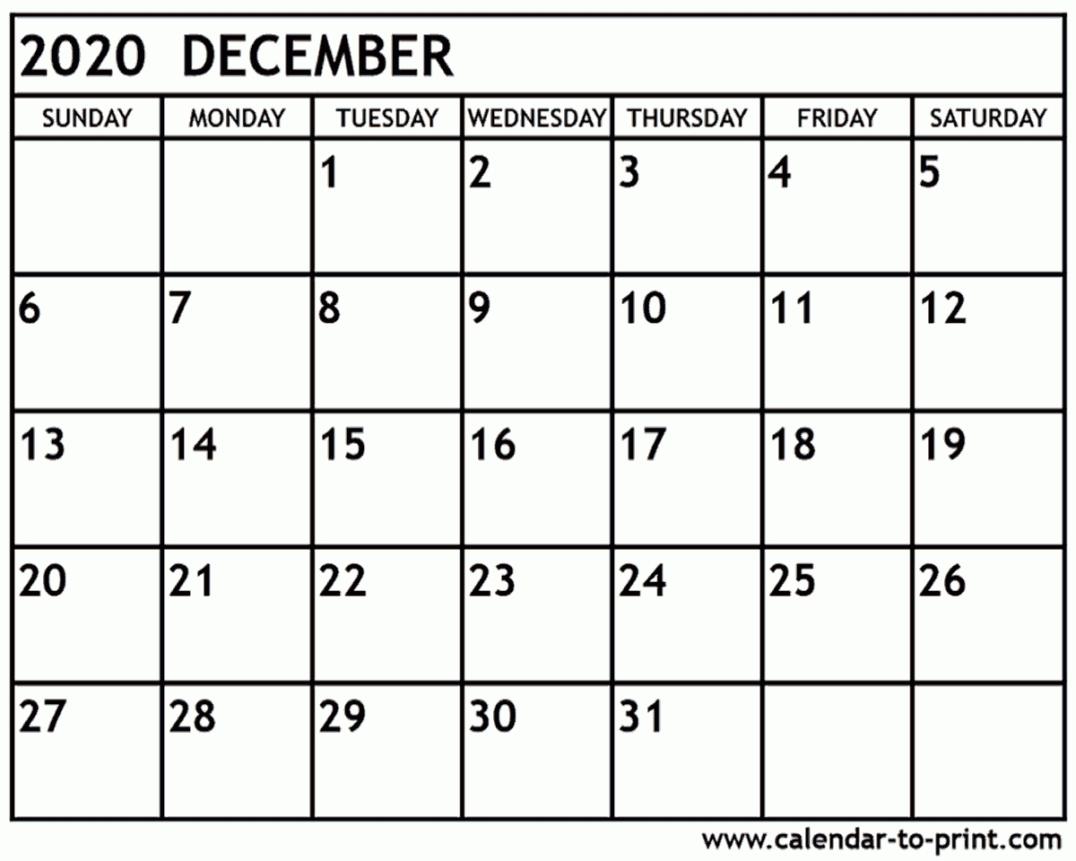 December 2020 Calendar Printable 2020 Calendar For December