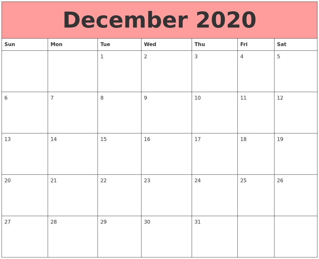 December 2020 Calendars That Work 2020 Calendar For December