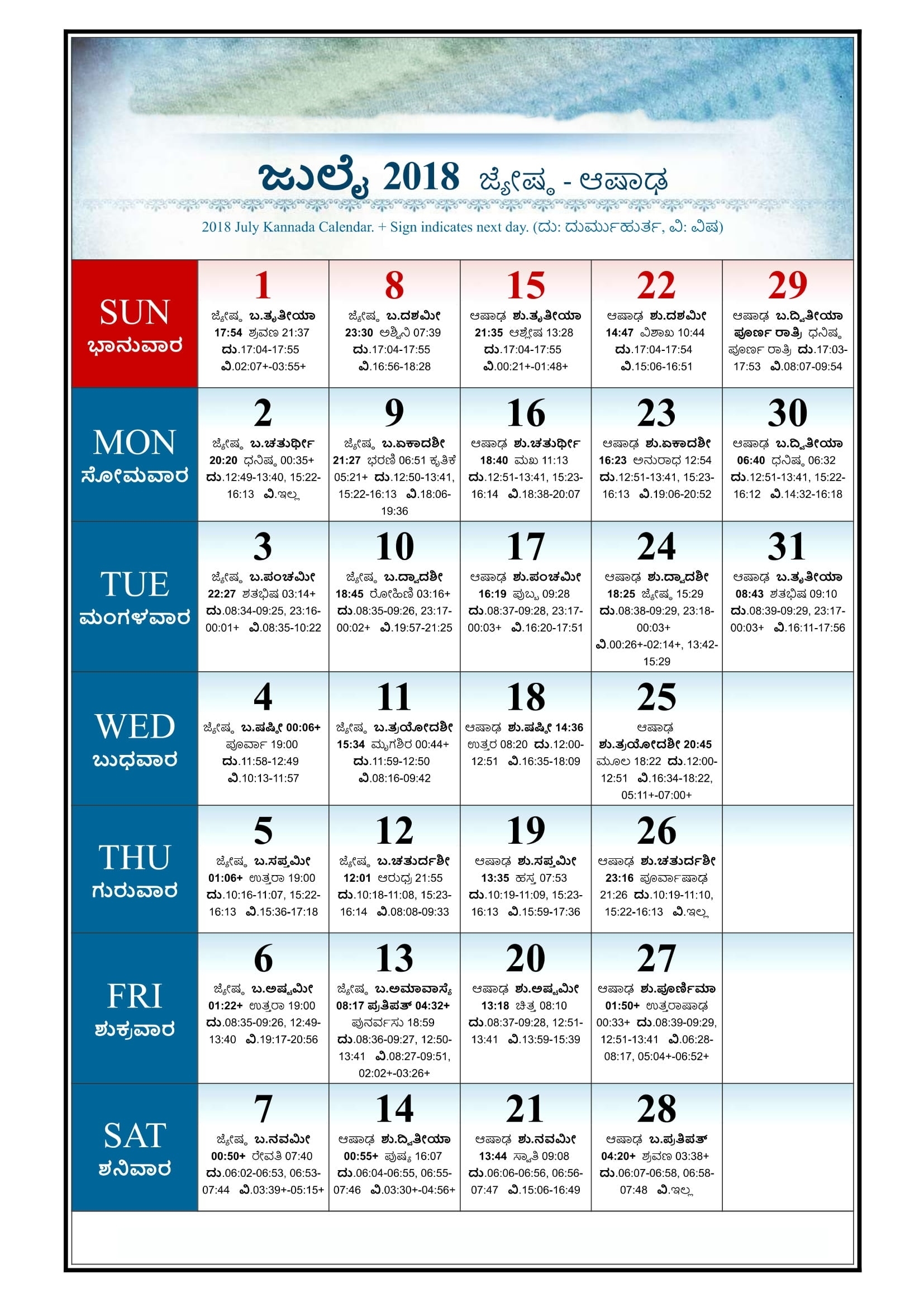 Download July 2018 Kannada Calendar Kannada Calendar Month Names