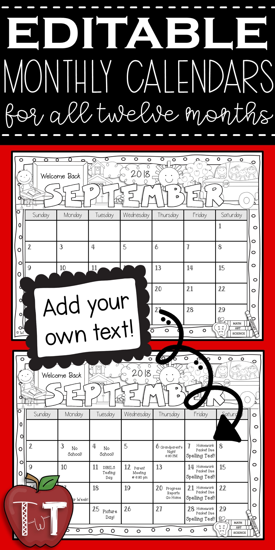 Editable Monthly Calendars 2018-2019 And 2019-2020 {Black And White Monthly Homework Calendar 3Rd Grade