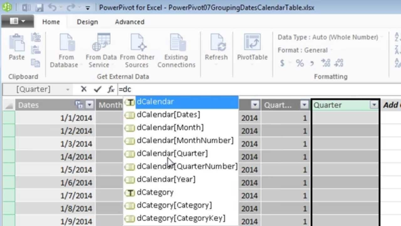Excel 2013 Powerpivot Basics 7: Calendar Table Calculated Columns Calendar Month Excel Formula
