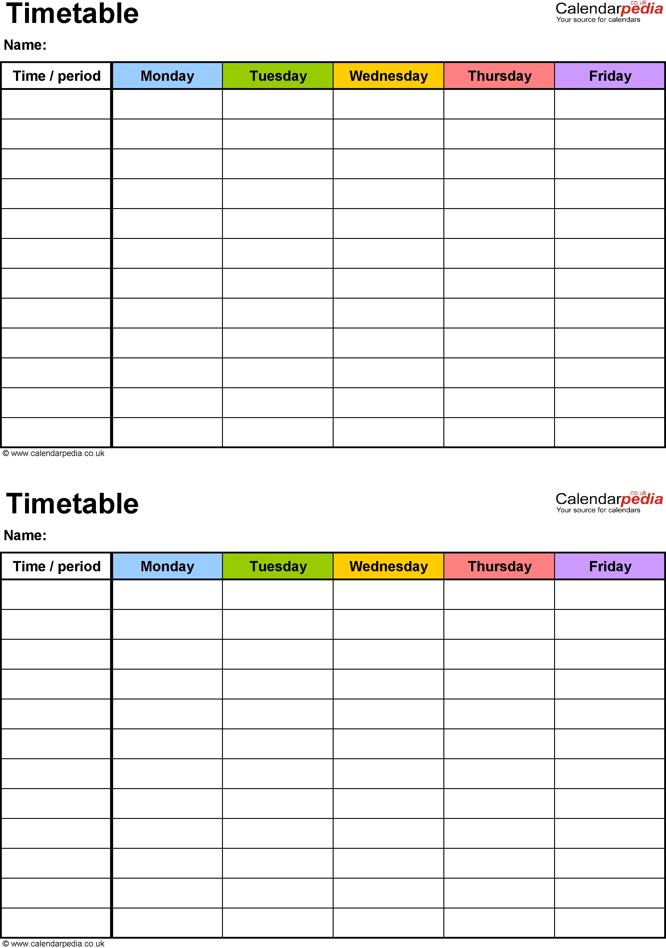 Excel Timetable Template 6: 2 A5 Timetables On One Page, Portrait 5 Day Appointment Calendar Template