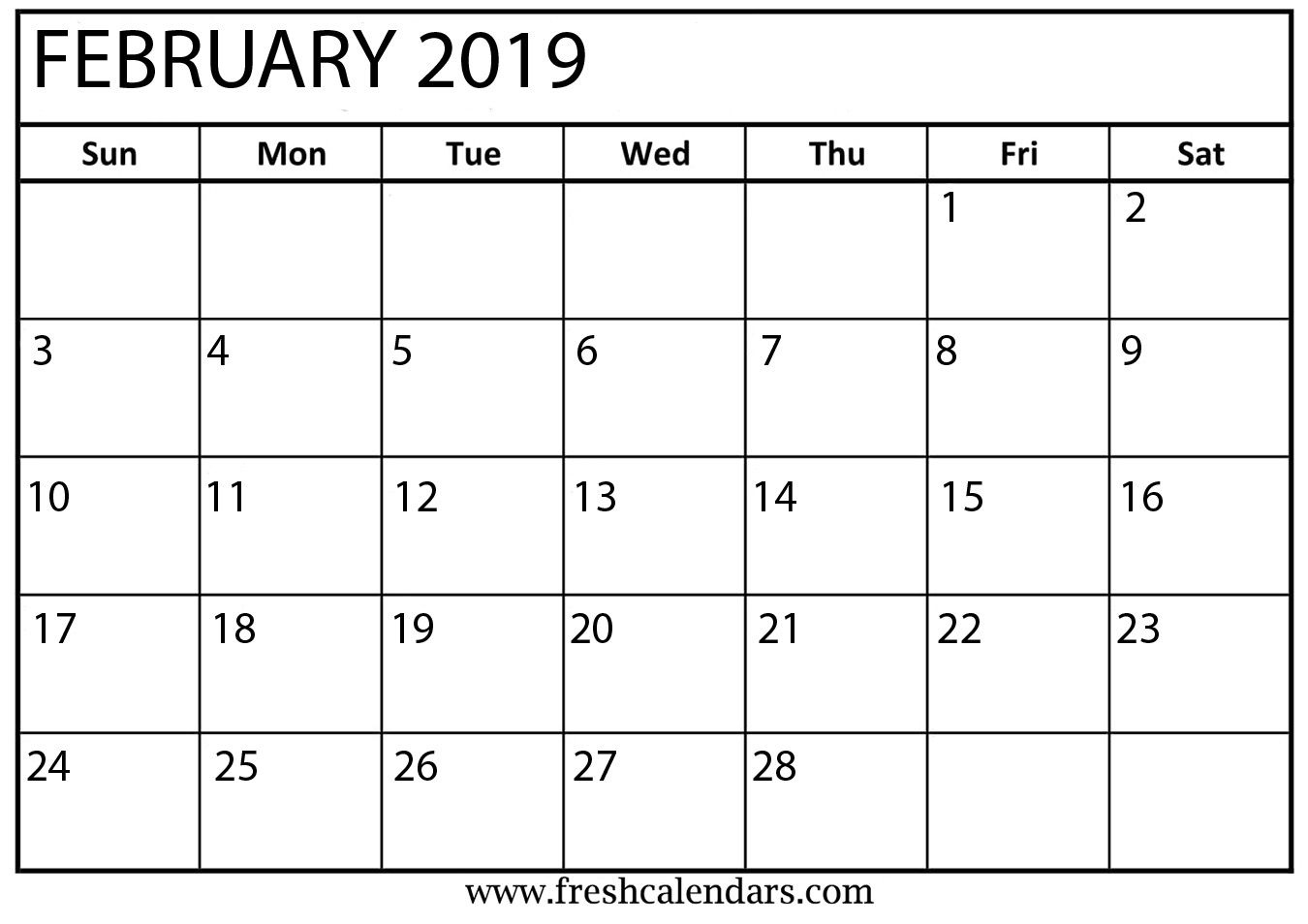 February Month Calendar 2019 Blank Template | Blank February 2019 Free Calendar Template Kindergarten