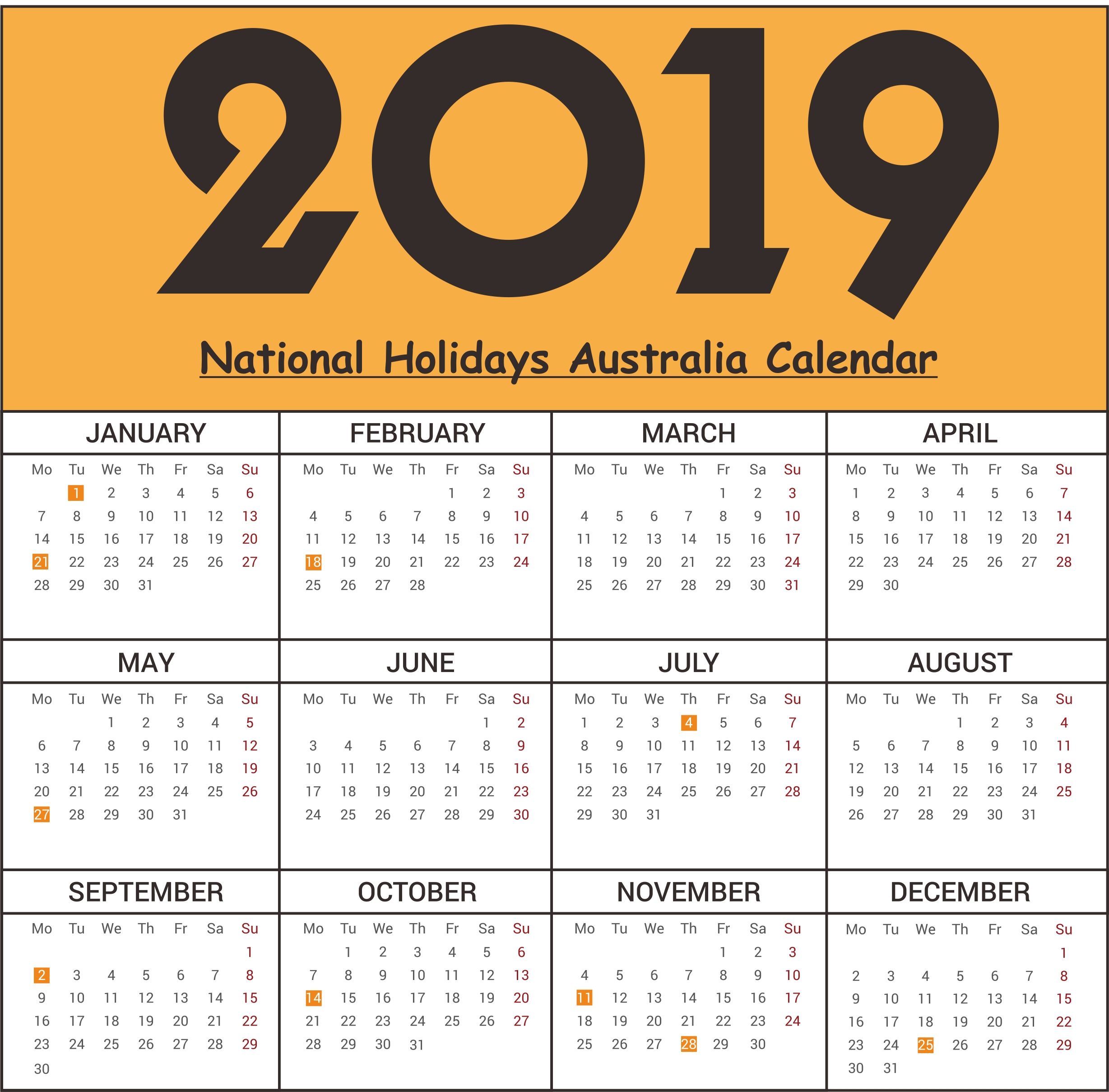 Free Australia National Holidays 2019 Calendar Templates | Free Calendar Public Holidays Nsw