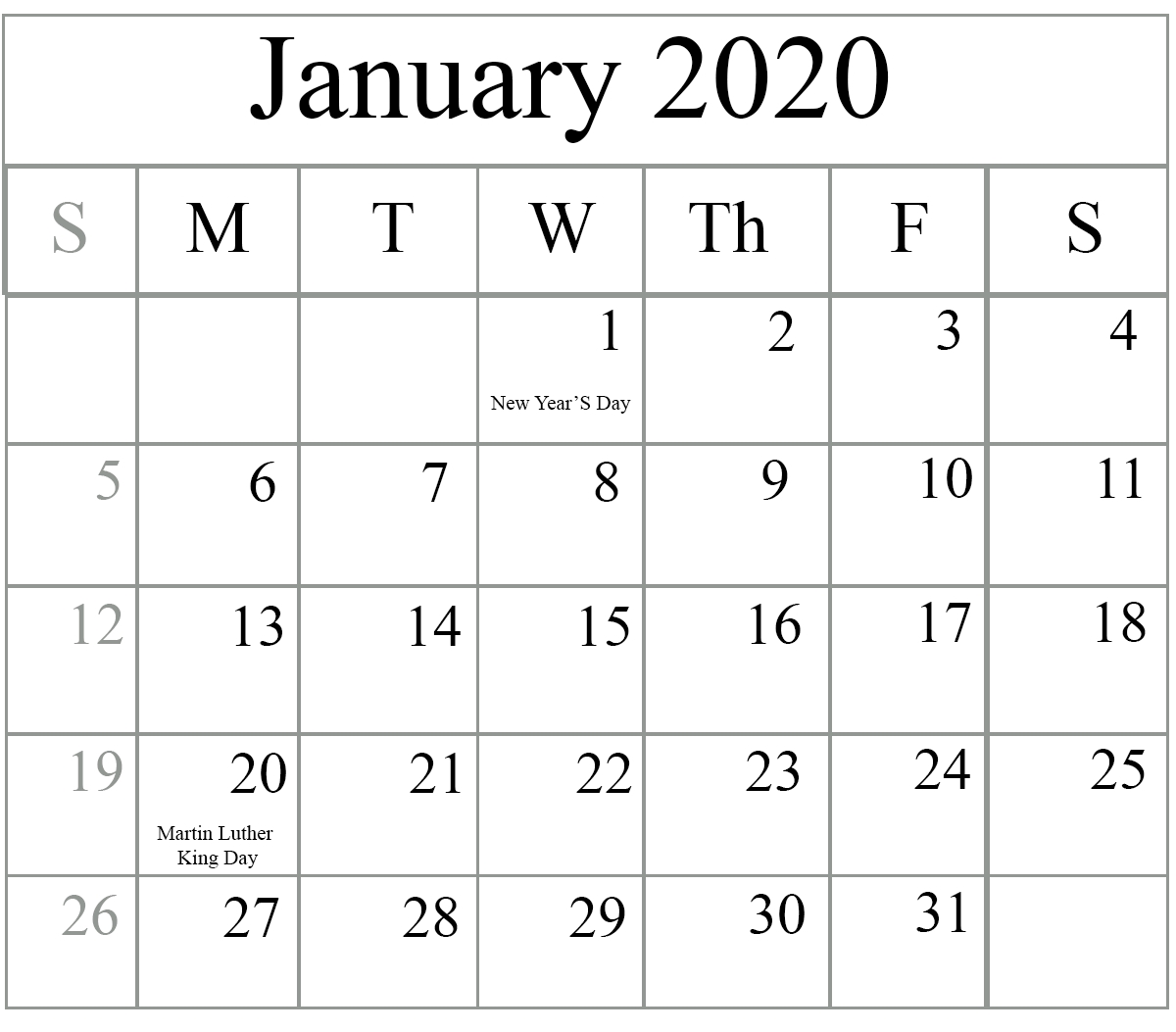 Free January 2020 Printable Calendar In Pdf, Excel &amp; Word 2020 Blank Calendar Pdf