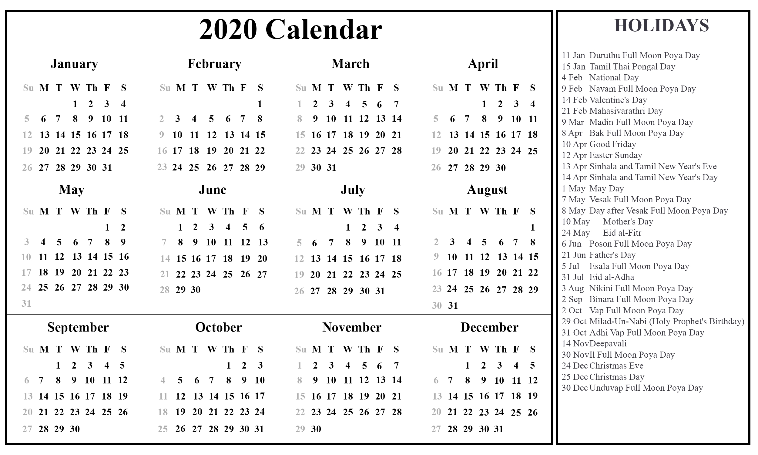 Free Printable Sri Lanka Calendar 2020 With Holidays In Pdf Calendar Month In Sinhala
