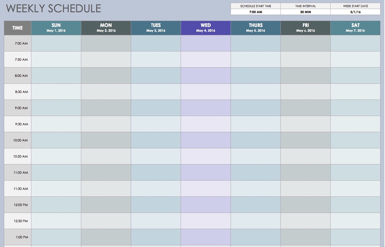 Free Weekly Schedule Templates For Excel - Smartsheet Daily Calendar Template 30 Minute Increments