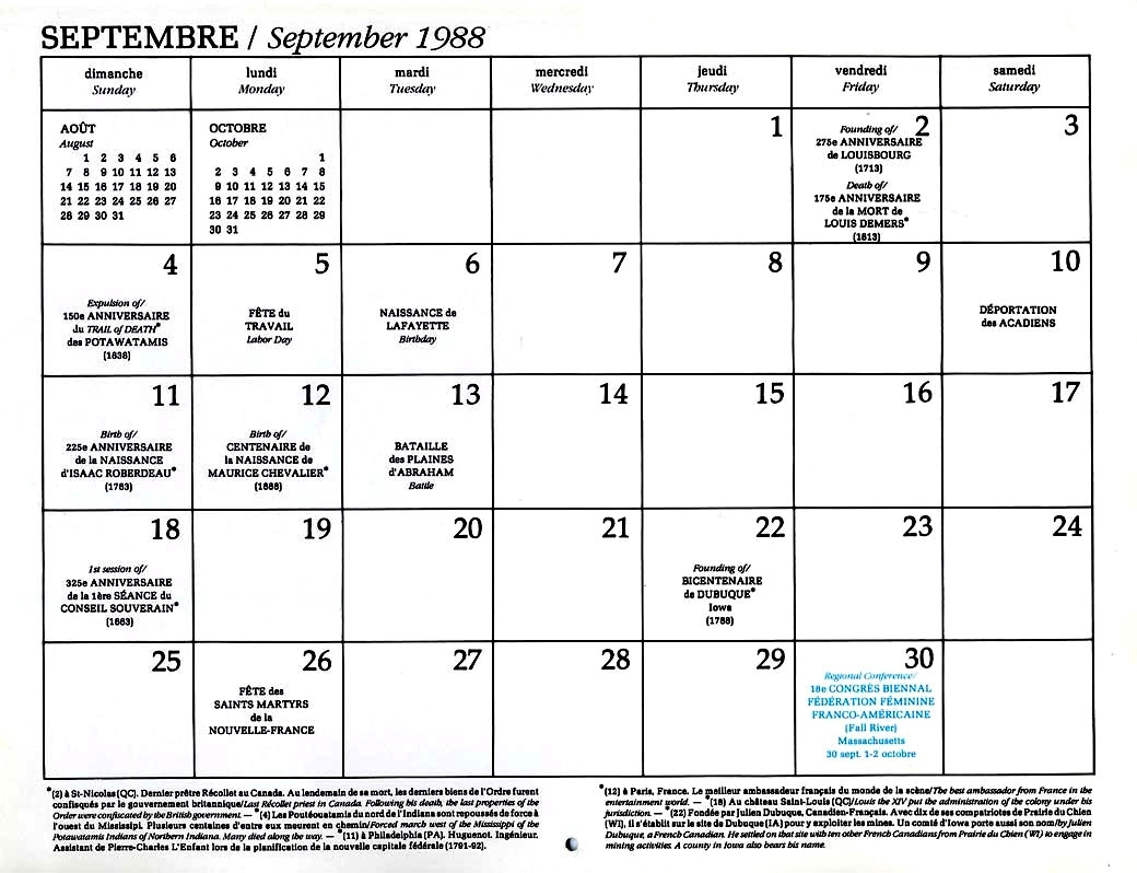 French In America Calendar Calendar Month November 1988