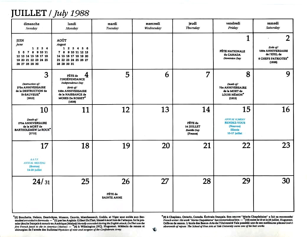 French In America Calendar Calendar Month November 1988