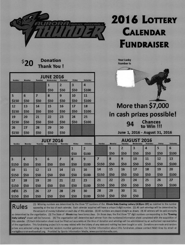 Monthly Lottery Calendar Fundraiser Printable Blank Calendar Template