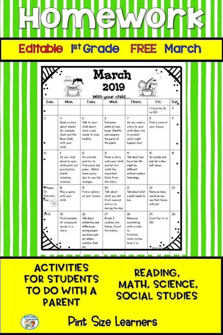 Homework Calendar First Grade Free Editable March 2019 | Educational Monthly Homework Calendar 3Rd Grade