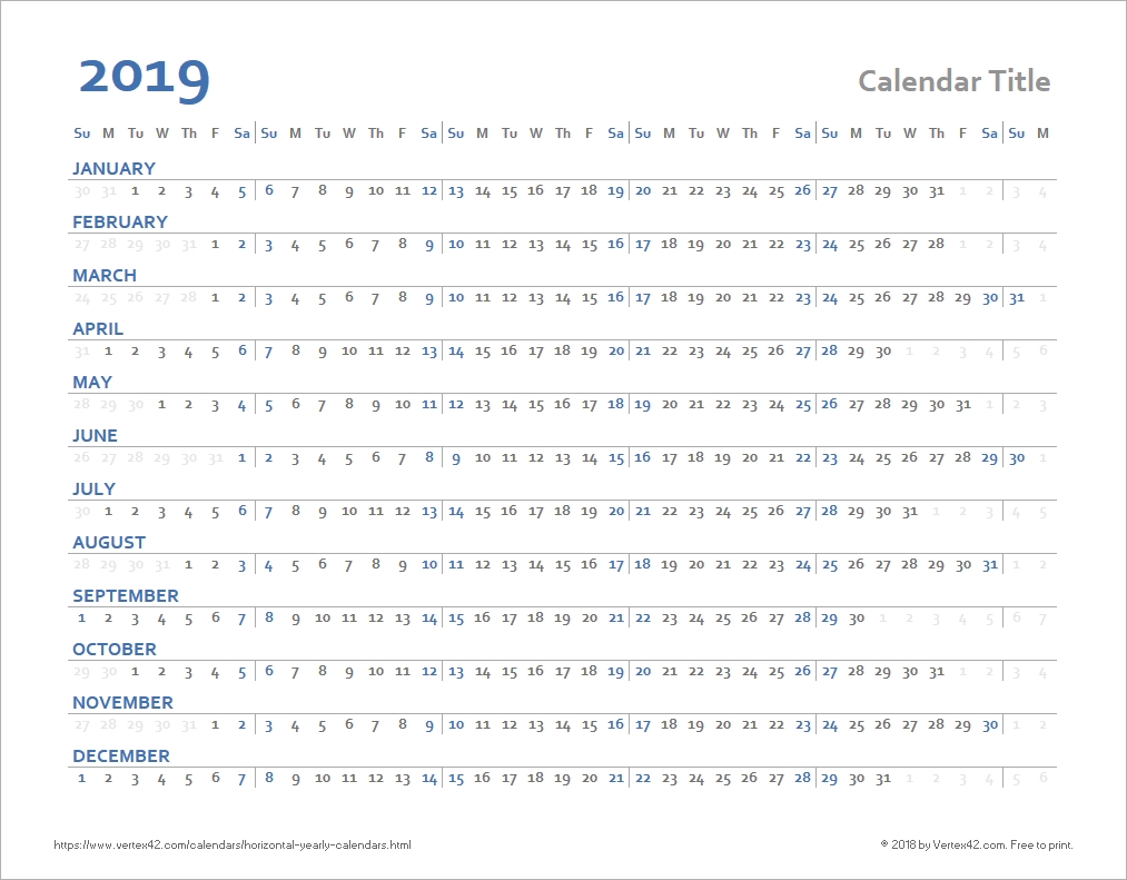 Horizontal Yearly Calendar Templates 1 Year Calendar Template Excel