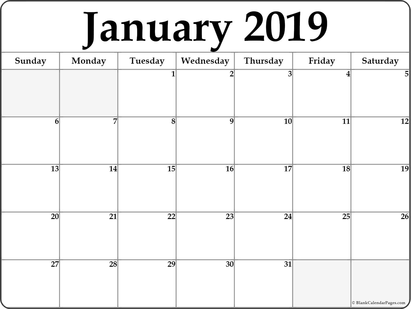 January 2019 Blank Calendar Templates. Incredible A Blank Calendar Page