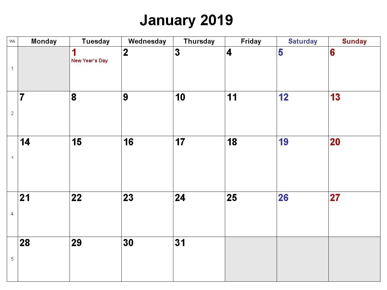 January 2019 Calendar Word Doc | Template Of January 2019 Blank Calendar Template Word Doc