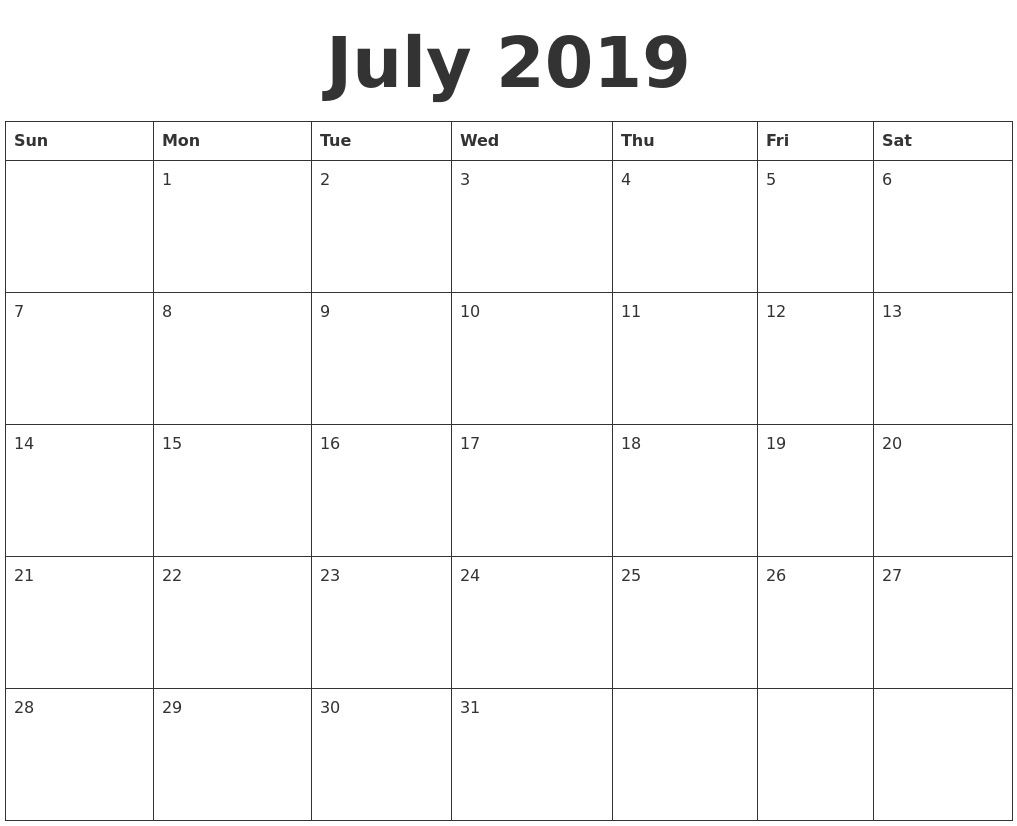 July 2019 Blank Calendar Template Calendar Template Sunday Start