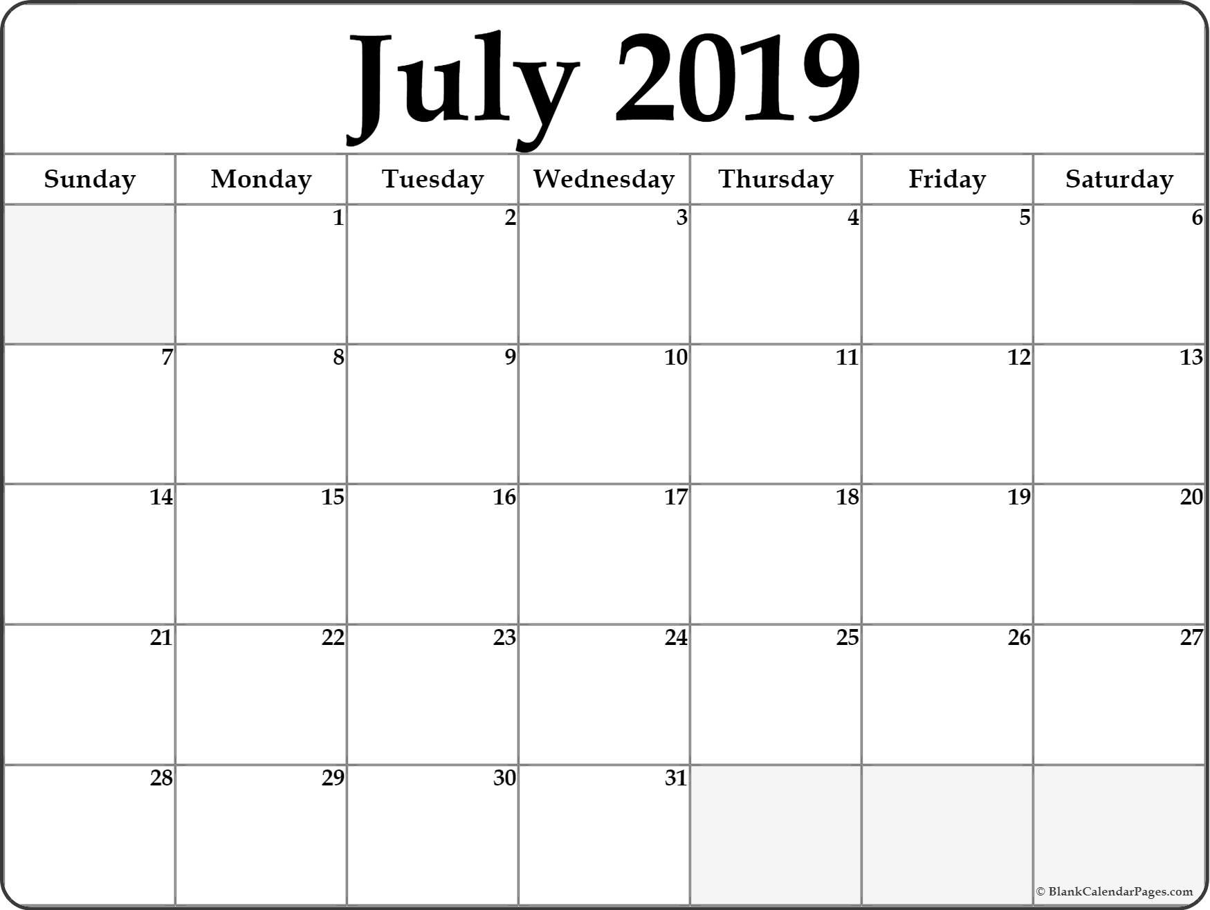 July 2019 Calendar | Free Printable Monthly Calendars Impressive Blank Calendar July 18