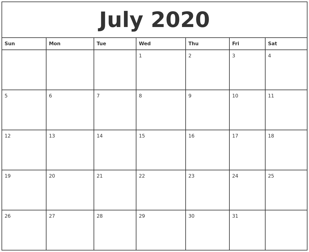 July 2020 Printable Monthly Calendar Impressive Blank Calendar July 18