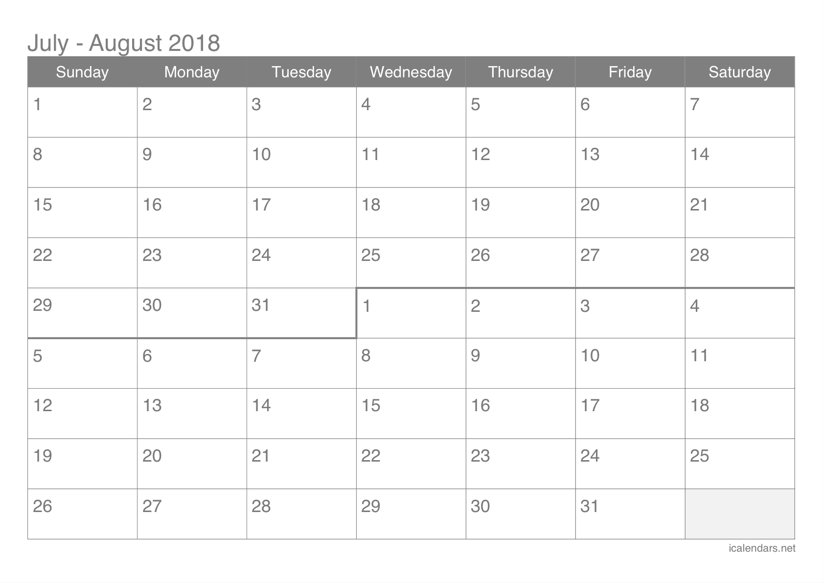 July And August 2018 Printable Calendar - Icalendars Impressive Blank Calendar July 18