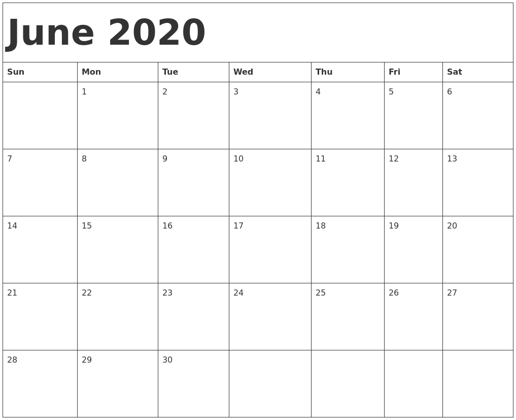 June 2020 Calendar Template 2020 Calendar For June