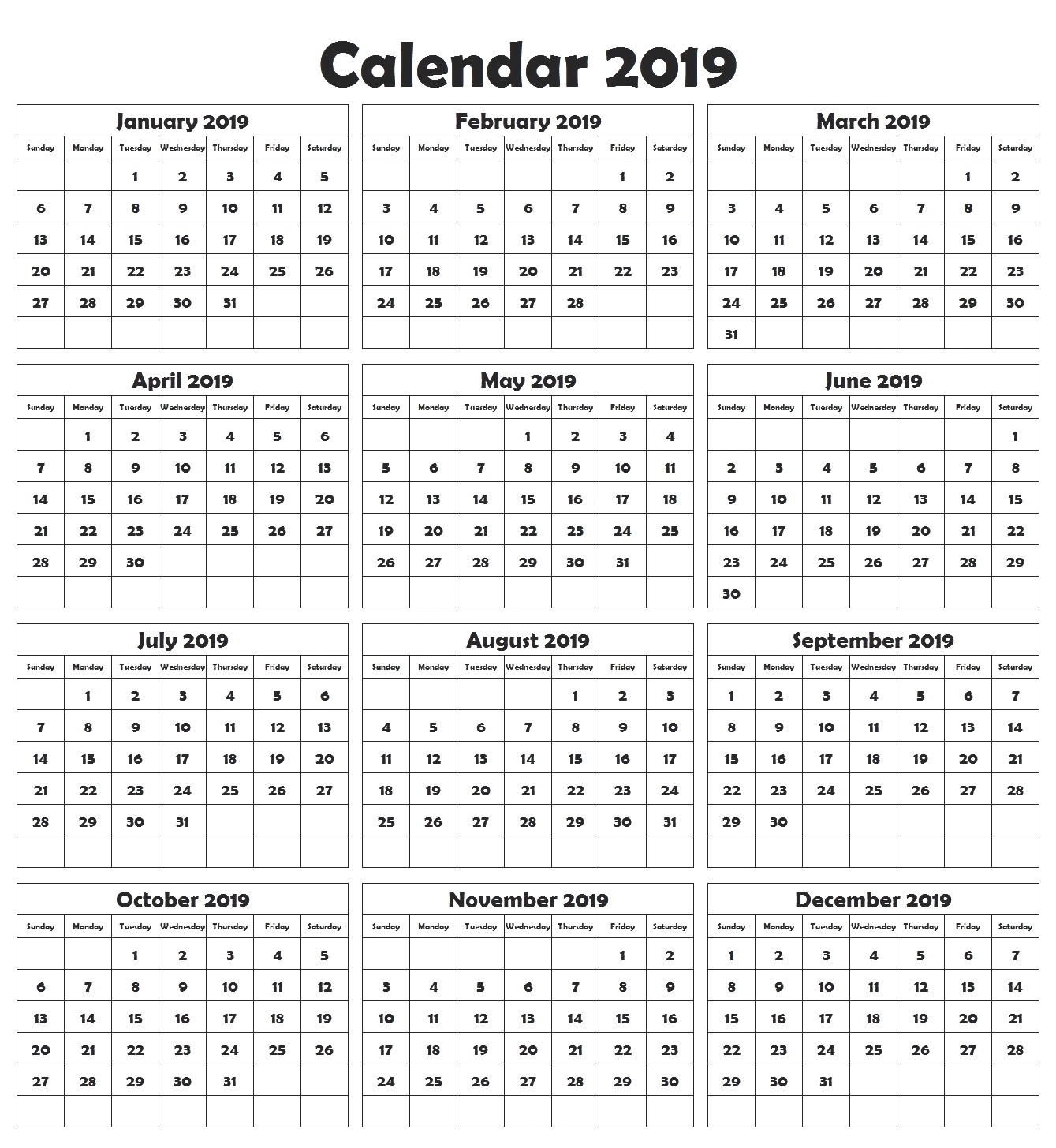 Large Printable Yearly Calendar 2019 – Free Calendar Templates Large Calendar Template Large Boxes