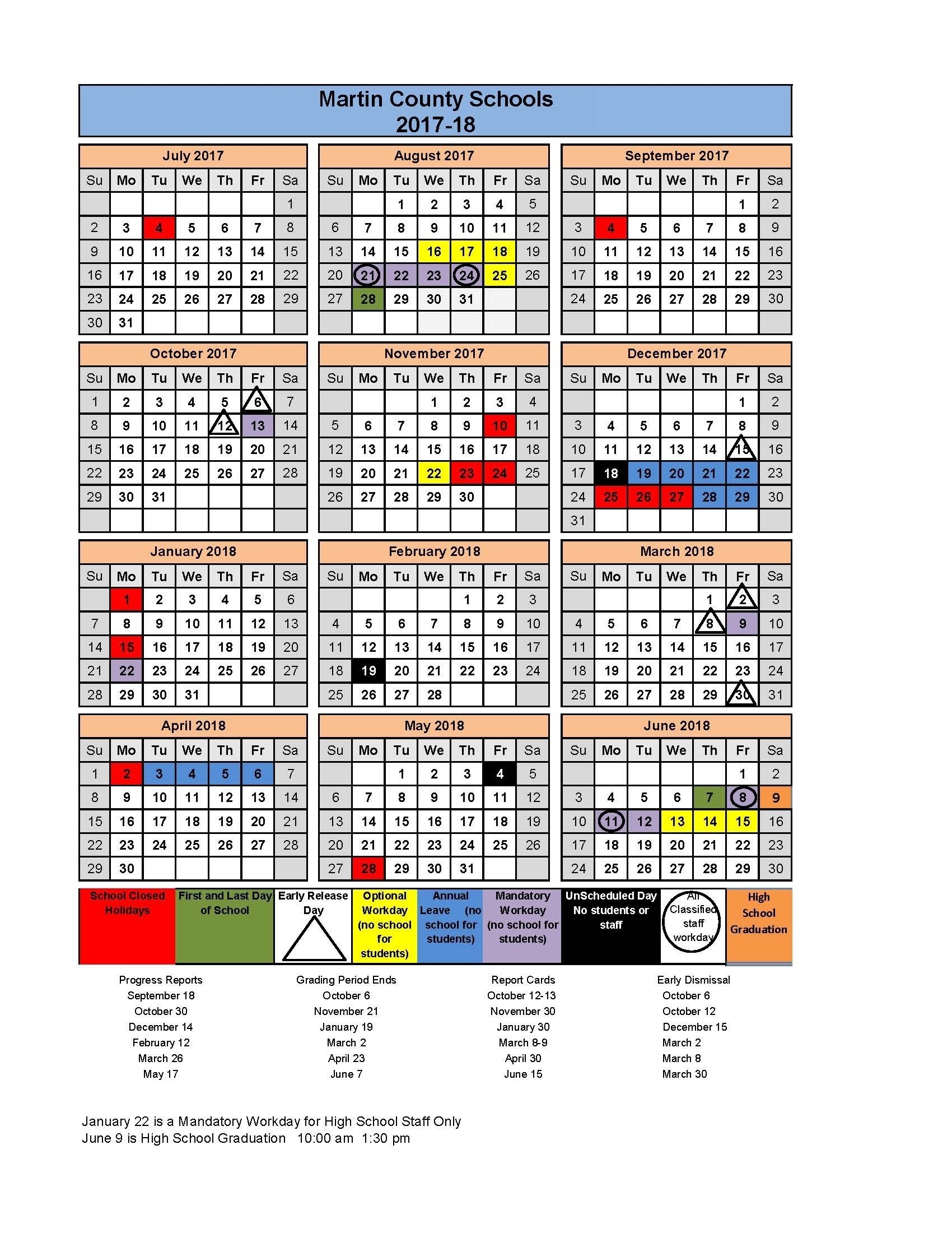 Martin County High School Calendar 2017-2018 Printable For No Charge Remarkable School Calendar Martin County