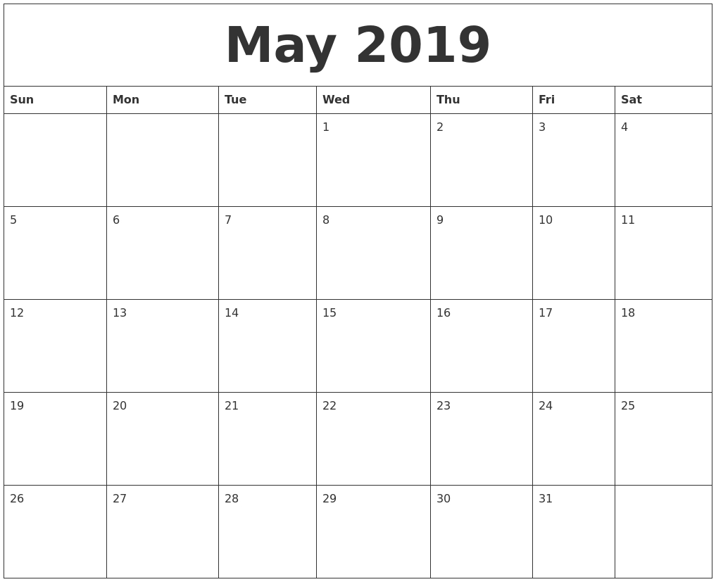 May 2019 Free Printable Monthly Calendar Calendar Month Free Printable