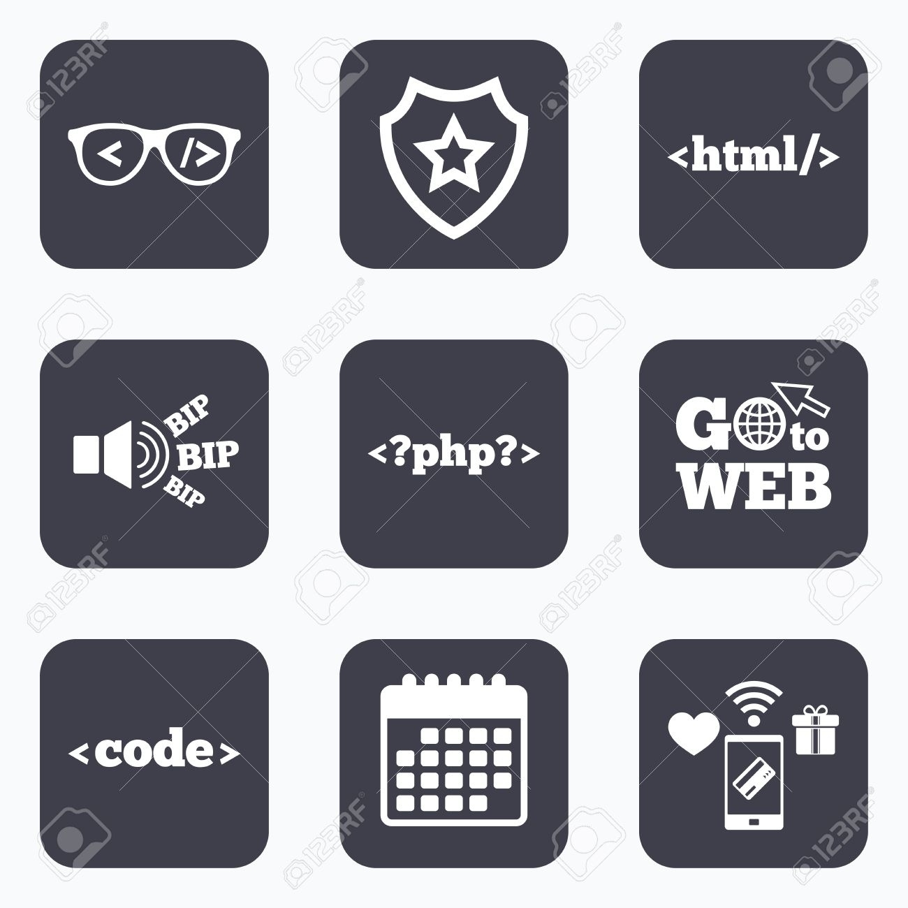 Mobile Payments, Wifi And Calendar Icons. Programmer Coder Glasses Calendar Icon Code In Html