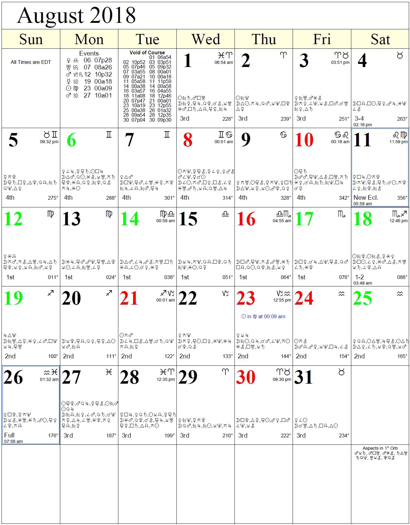 Monthly Astrology Calendars Lunar Calendar With Zodiac