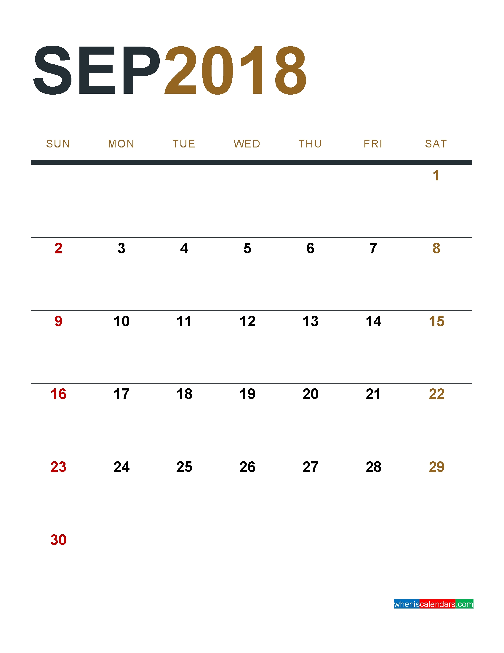 Monthly September 2018 Calendar Printable | September 2018 Printable 1 Month Calendar Printable