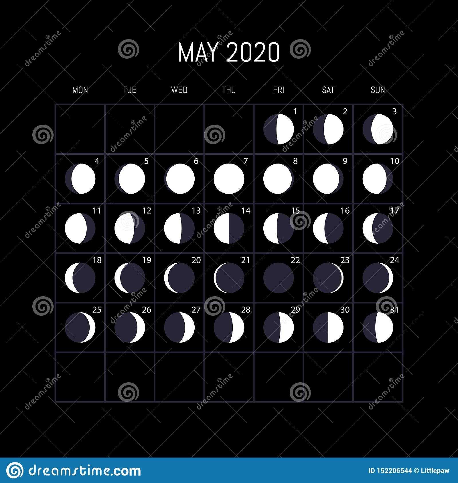 Moon Phases Calendar For 2020 Year. May. Night Background Design 2020 Calendar With Moon Phases