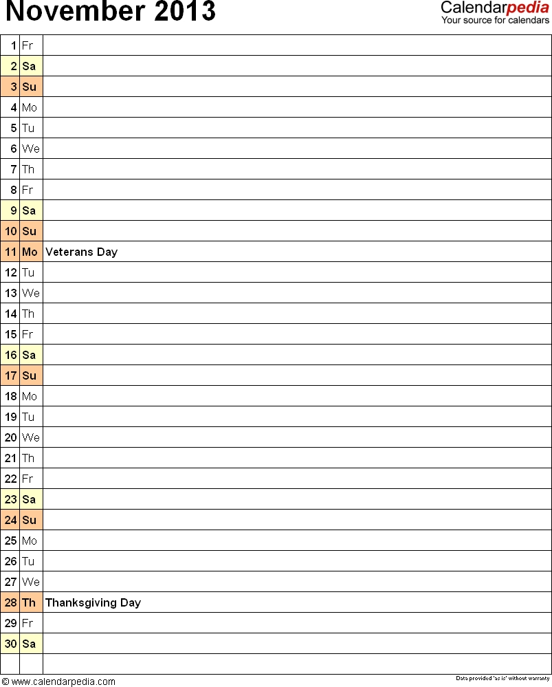 November 2013 Calendars For Word, Excel &amp; Pdf Impressive Blank Calendar List Format