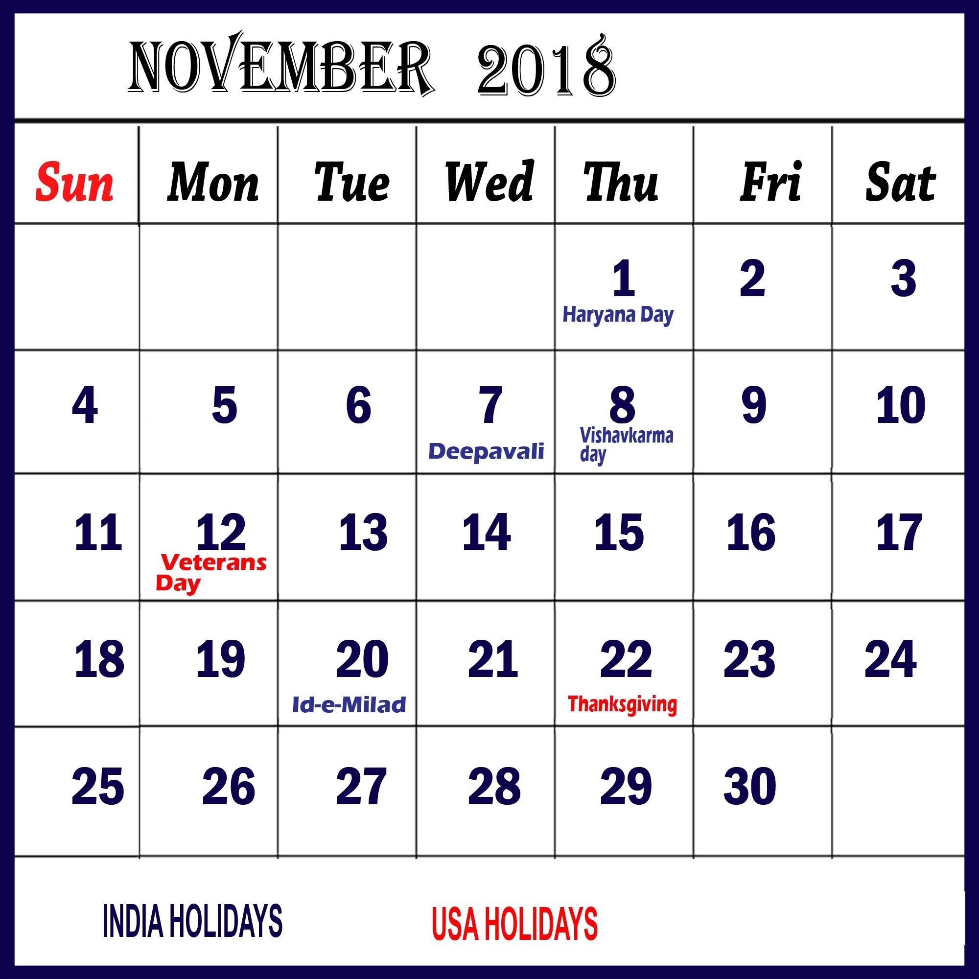 November-2018-Calendar-With-Holidays-And-Events - November Calendar Calendar With Holidays And Events