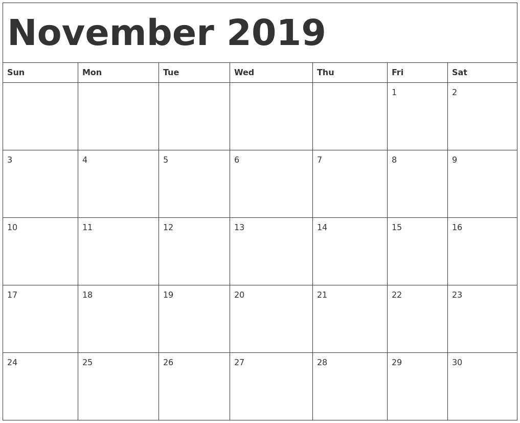 November 2019 Calendar Template Calendar Template Sunday Start