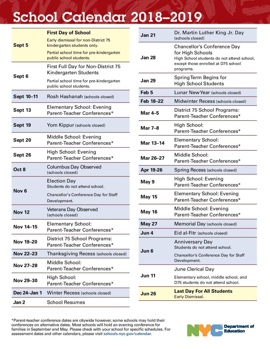 Nyc Doe Calendar 2018 2019 (3) | Download 2019 Calendar Printable Calendar School Year 2019 Nyc